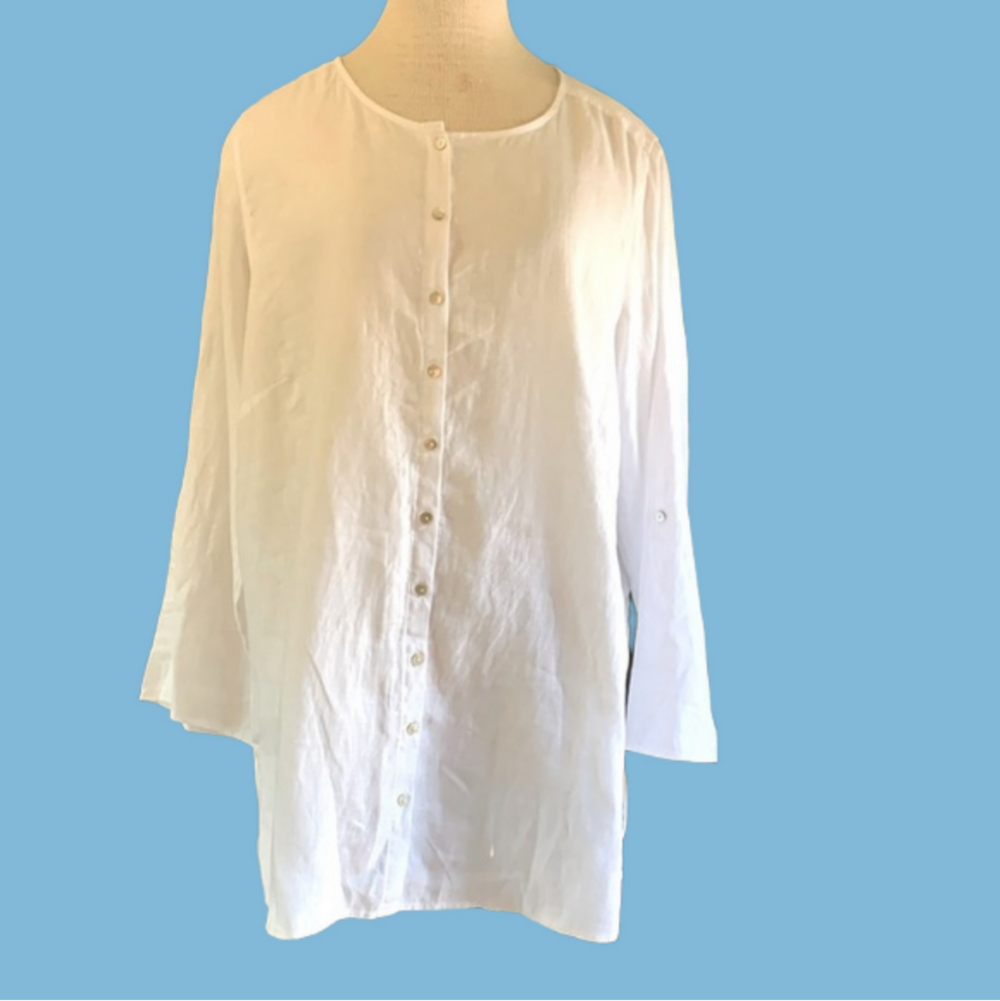 Tahari sz 1X 100% linen white button down tunic top with roll tan sleeves